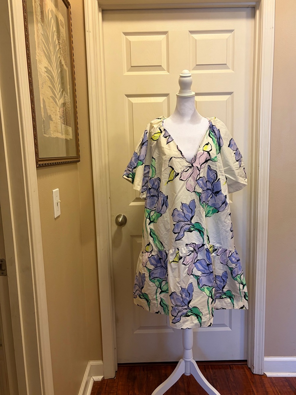 a new day Floral V-Neck Cream Dress with Purple & Green Print